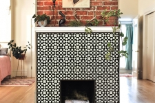 quilt pattern, honed glass mosaic fireplace